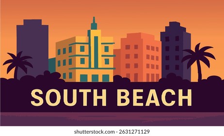Uma vibrante ilustração em estilo vetorial de South Beach, com sua icônica torre de salva-vidas e belo pôr do sol sobre o Oceano Atlântico, complementada pelo horizonte Art Deco de Miami