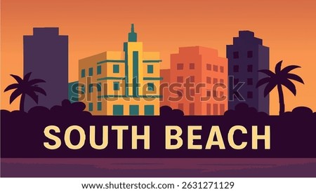 A vibrant vector-style illustration of South Beach, with its iconic lifeguard tower and beautiful sunset over the Atlantic Ocean, complemented by Miami's Art Deco skyline