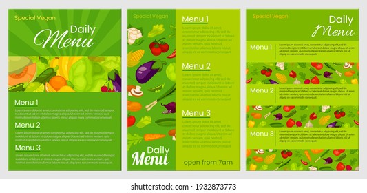 Vibrant Vegan Special Menu Brochure Mockup Set. Daily Vegan Restaurant Cafe Menu. Vegetables And Fruits On A Green Background, Vector Illustration. Collection Of Templates For Listing Dishes