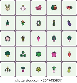 Vibrant vegetable icon collection showcasing diverse garden produce imagery