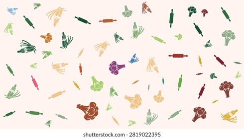 Vibrant vegetable icons in multiple colors and shapes creating a lively pattern perfect for healthy eating, food packaging, nutrition, and culinary themes