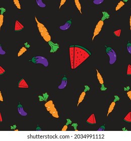 Vibrant Veggie Delight: Elevate your visuals with this hand-drawn illustration featuring a carrot, watermelon, and eggplant on a captivating black background. The vibrant colors create a striking  