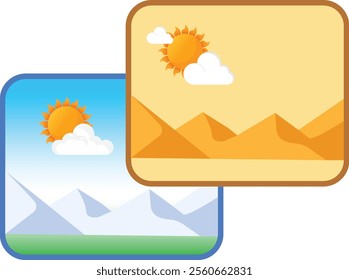 A vibrant and versatile vector illustration featuring a desert landscape with rolling dunes and a sunny sky, contrasted with a mountainous scene with snow-capped peaks and a clear blue sky.