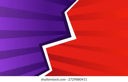 A vibrant versus screen featuring a jagged white line dividing a purple and red background, reminiscent of comic book aesthetics.