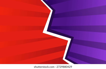 Una pantalla vibrante versus una línea blanca dentada que separa un lado rojo atrevido de un lado púrpura energético, ambos con patrones de semitonos.