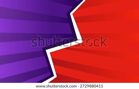 A vibrant versus screen featuring a jagged white line dividing a purple and red background, reminiscent of comic book aesthetics.