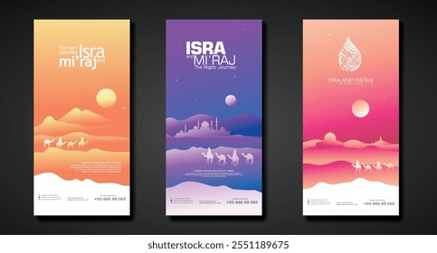 A vibrant vertical banner depicting the Isra' Mi'raj of Prophet Muhammad SAW, showcasing his journey from Mecca to Jerusalem, filled with spiritual symbolism and modern vector design.