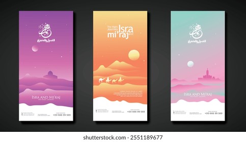 A vibrant vertical banner depicting the Isra' Mi'raj of Prophet Muhammad SAW, showcasing his journey from Mecca to Jerusalem, filled with spiritual symbolism and modern vector design.