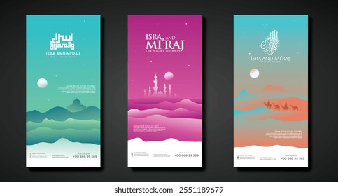 A vibrant vertical banner depicting the Isra' Mi'raj of Prophet Muhammad SAW, showcasing his journey from Mecca to Jerusalem, filled with spiritual symbolism and modern vector design.