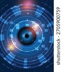 Vibrant vertical futuristic background featuring a central eye surrounded by multiple glowing concentric rings, symbolizing an advanced biometric eye scan. 