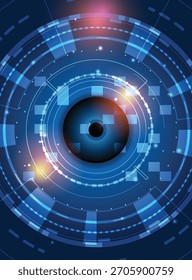Lebendiger, vertikaler, futuristischer Hintergrund mit einem zentralen Auge, das von mehreren leuchtenden konzentrischen Ringen umgeben ist und einen fortschrittlichen biometrischen Augenscan symbolisiert. 