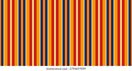 Vibrant vertical stripes in bold orange, red, and navy blue create a dynamic, retroinspired pattern.