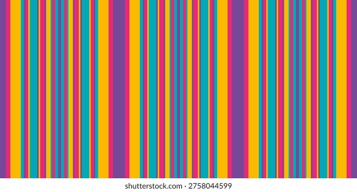 Vibrant vertical stripes in bold yellow, teal, pink, and purple create a cheerful, retroinspired pattern.