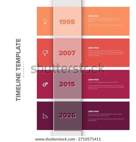 Vibrant vertical timeline infographic template showcasing key events with years, icons, and text descriptions. Timeline template is perfect for presenting chronological information in an engaging way