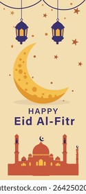 vibrant vertical vector designs celebrating Happy Eid Al-Fitr. Features crescent moons, mosques, lanterns and stars. Ideal for greeting cards, social media stories and posters.