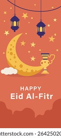 vibrant vertical vector designs celebrating Happy Eid Al-Fitr. Features crescent moons, mosques, lanterns and stars. Ideal for greeting cards, social media stories and posters.