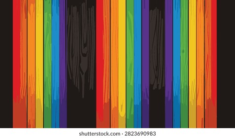 Vibrant vertical wooden planks background featuring a colorful array of painted timber slats including red, orange, yellow, green, blue, purple, and dark brown wood grain textures.