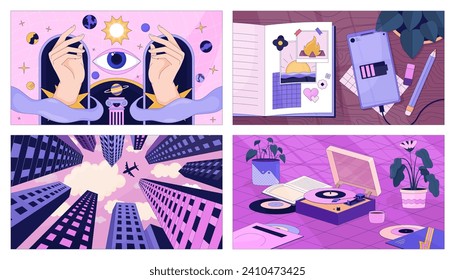 Vibrant vintage 90s lofi wallpapers set. Esoteric, plane skyscrapers 2D cartoon flat illustrations collection. Travel journal, vinyl player chill vector art pack, lo fi aesthetic colorful backgrounds