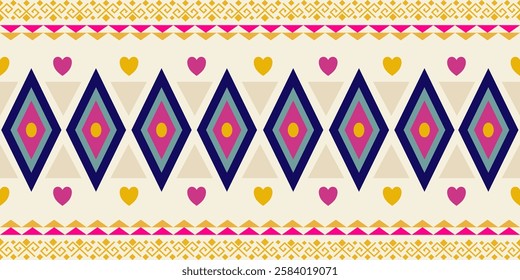 Vibrant vintage border pattern,geometric and heart shape diamonds,zig-zag,playful,dynamic design with yellow pink blue on light background. Ideal for textile design,fabric print,embroidery,decoration