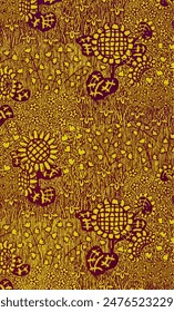 A vibrant vintage floral pattern in maroon and yellow featuring sunflowers, stylized blooms, and geometric patterns.