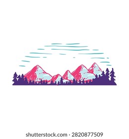 Vibrant vintage mountain range graphic with snow covered peaks and pine tree forest foreground ideal for outdoor adventure, camping print templates, and nature themed creative art.