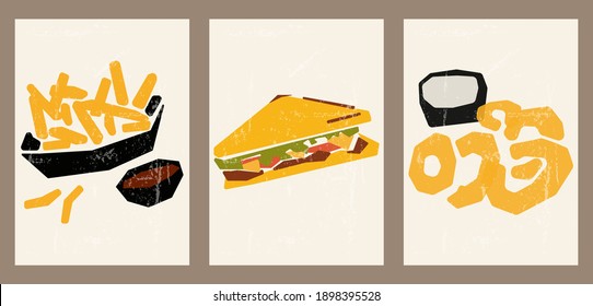 Vibrant vintage posters with delicious food. Fast food illustrations for interior design, cafes, menus, social networks, advertising. Minimalistic backgrounds with fries, sandwich, onion rings.