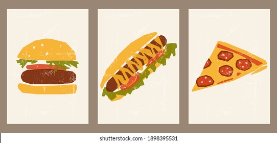 Vibrant vintage posters with delicious food. Fast food illustrations for interior design, cafes, menus, social networks, advertising. Minimalistic backgrounds with burger, hot dog, pizza.