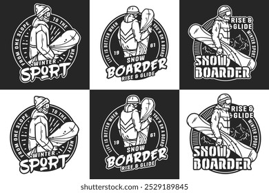 Vibrant vintage snowboarding emblems with snowboarders against snowy mountains. Capture winter sports' essence and adrenaline rush. Ideal for snowboarding fans seeking inspiration