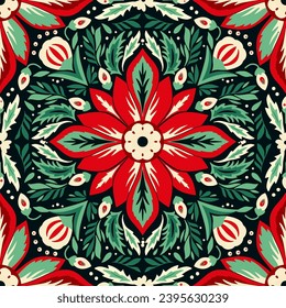 A vibrant vintage symphony of bold Christmas floral motifs seamless pattern, fabric canvas, red and lush green, nature boundless beauty ornate folk tile