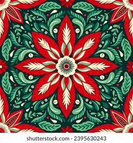 A vibrant vintage symphony of bold Christmas floral motifs seamless pattern, fabric canvas, red and lush green, nature boundless beauty ornate folk tile