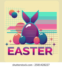 A vibrant vintage-style Easter poster inspired by the 1980s. The design features a bold and energetic color palette with neon pinks, electric blues, and pastel purples.