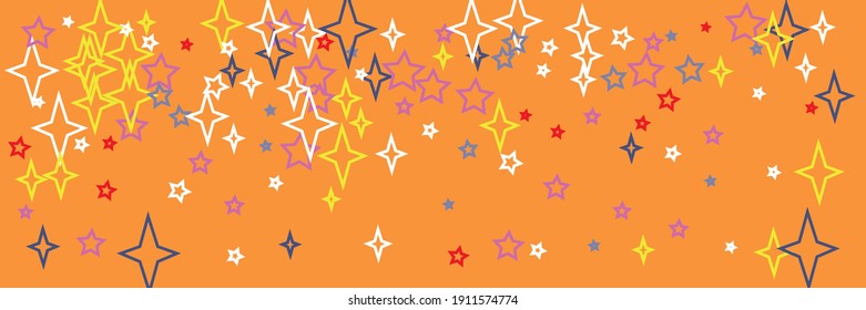 Vibrant Violet Blue Vivid Stars Horizontal Sky Wallpaper. Holiday Chaotic Multicolor Red Print Orange Christmas Stars Ornament. Green Bright Colorful Yellow New Year White Santa Background.