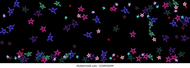 Vibrant Violet Chaotic Dark Multicolor Lavender Vivid Handdrawn Stars. Pastel Pink Colorful Childish Night Kids Bordo Design Pic. Stars Green Mint Red Purple Naive Bright Black Sky Background.