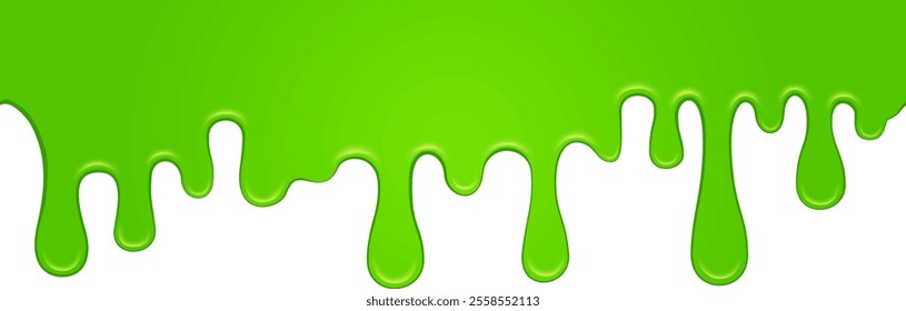 Vibrant, viscous green goo is slowly dripping down against a clean white backdrop, creating a striking visual contrast and suggesting a sense of playful messiness