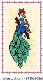 Lebhafte Visionen: Ein faszinierender Madhubani-Pfau ergreift die Flucht. Madhubani-Malerei, Pfau, Volkskunst. Handgemalt, farbenfroh, mythologisch.