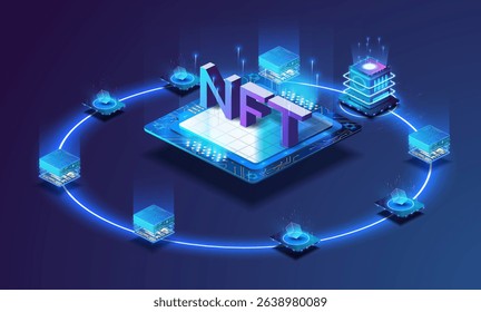 A vibrant visual illustrates non-fungible tokens at the center of a digital circuit board. Surrounding nodes represent blockchain technology interacting, showcasing innovation in digital assets.