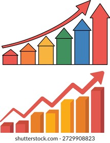 Una representación visual vibrante que muestra tendencias crecientes a través de dos gráficos con flechas y barras en múltiples colores