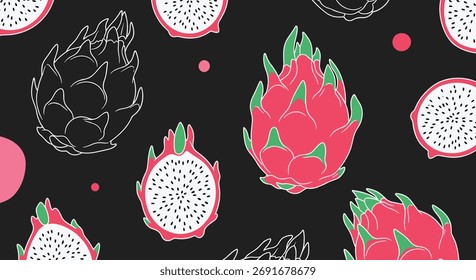 A vibrant and visually appealing background pattern featuring dragon fruit illustrations on a dark surface.