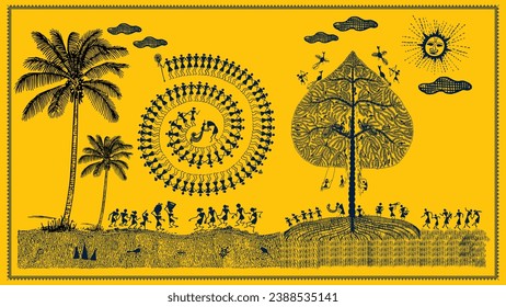 Vibrant Warli Art: Coconut Grove Serenity in Indian Countryside - Rural Life Bliss. Illustration, Vector, Drawing.