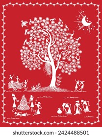 Vibrant Warli: Celebrating Indian Rural Life. Rural Bliss in Warli Painting, Traditional Indian Folk Art: Warli Village Life, Captivating Warli Artwork of Rural Enjoyment.