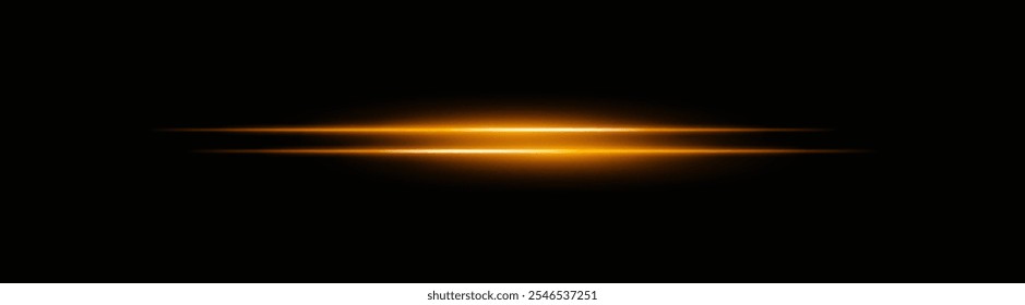 Lebendige warme orangefarbene horizontale Lichtstrahlen mit einem sanften Glanz und glattem Verblassen. Heller Neoneffekt auf dunklem Hintergrund, perfekt für die Schaffung eines dynamischen Lichtakzents