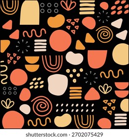 Vibrant, warm-toned abstract pattern featuring various geometric and organic shapes like circles, triangles, and squiggles, perfect for contemporary design