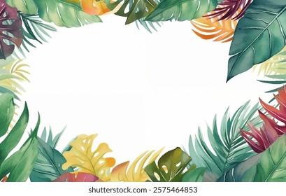 Arranjo de aquarela vibrante de folhas tropicais charme exterior fresco. Composição vetorial alegre de variedade de formas de folhas e tamanhos, com tons de verde, amarelo e tons de outras cores 