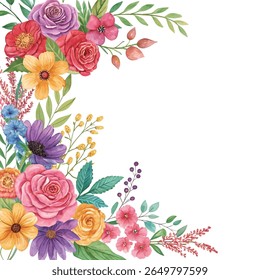 Vibrant watercolor background filled with colorful wildflowers, perfect for wedding stationery, seasonal cards, artistic floral designs and decorative elements