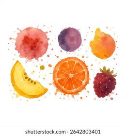 Fundo de aquarela vibrante com ilustrações de frutas como melão, laranja e bagas, além de salpicos coloridos. Perfeito para projetos de design, arte e alegre.