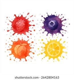 Vibrant watercolor background with fruit illustrations like strawberry, blueberry, peach, and lemon, surrounded by colorful splashes. Ideal for design, art, and playful projects.