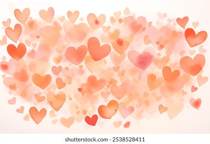 Vibrant watercolor background with multitude of hearts in various shades of red and orange. Captivating vector illustration with feelings of passion, love, and warmth. Hearts shine brightly on white