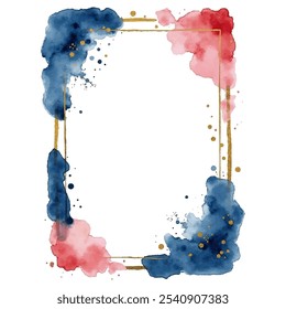 A vibrant watercolor border with splashes of pink, blue, and orange, accented with a gold frame. 