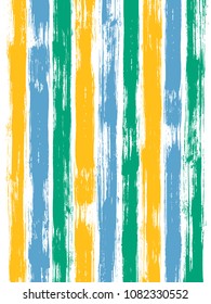 Vibrant watercolor brush stripes pattern on white. Blue, green and yellow paintbrush lines vertical texture for backdrop. Hand drown paint strokes graphic artwork. For fabric.