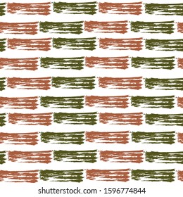 Vibrant watercolor brush stripes seamless pattern. Green and brown paintbrush lines horizontal seamless texture for background. Hand drown paint strokes decoration. For fabric.